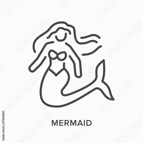 Mermaid flat line icon. Vector outline illustration of fairytale girl with fish tail, sea animal. Siren thin linear pictogram