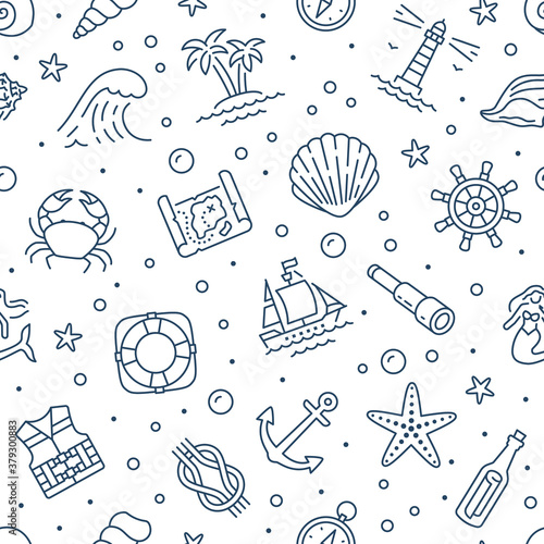 Marine seamless pattern with line icons. Vector background illustration included icon as anchor, sea wave, starfish, shell, lighthouse, ship, mermaid outline navy wallpaper. White, blue color