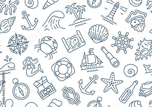 Marine seamless pattern with line icons. Vector background illustration included icon as anchor, sea wave, starfish, shell, lighthouse, ship, mermaid outline navy wallpaper. White, blue color © Sir.Vector