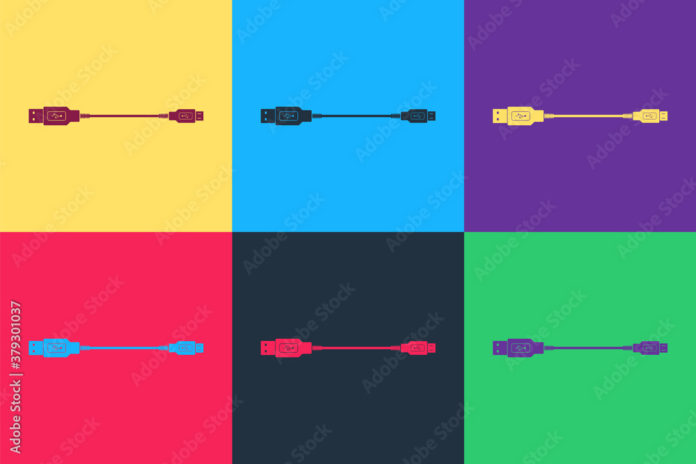 Pop art USB Micro cables icon isolated on color background. Connectors and sockets for PC and mobile devices. Smartphone recharge supply. Vector. Pop art USB Micro cables icon isolated on color background. Connectors and sockets for PC and mobile devices. Smartphone recharge supply. Vector.