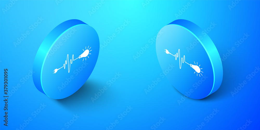 Isometric Wire plug and light bulb icon isolated on blue background. Plug, lamp and cord in the form of heartbeat. Concept of Electricity and lighting. Blue circle button. Vector. Isometric Wire plug and light bulb icon isolated on blue background. Plug, lamp and cord in the form of heartbeat. Concept of Electricity and lighting. Blue circle button. Vector.