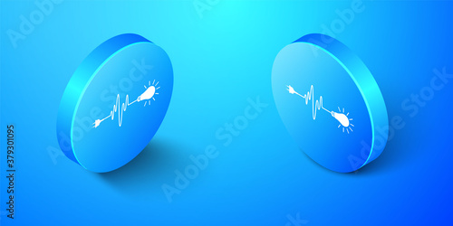Isometric Wire plug and light bulb icon isolated on blue background. Plug, lamp and cord in the form of heartbeat. Concept of Electricity and lighting. Blue circle button. Vector.