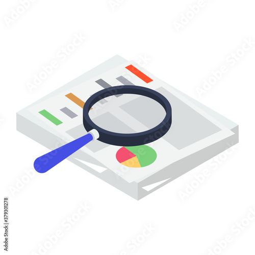 
An icon design of case study, file review in modern isometric style 
