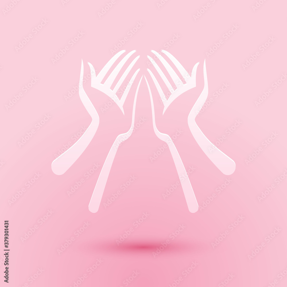 Paper cut Hands icon isolated on pink background. Paper art style. Vector. Paper cut Hands icon isolated on pink background. Paper art style. Vector.
