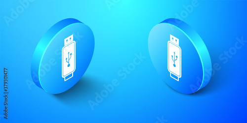 Isometric USB flash drive icon isolated on blue background. Blue circle button. Vector.