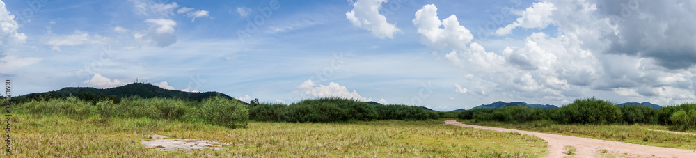 Panoramic view inside reservoir with sky background (Drought situation) Panoramic view inside reservoir with sky background (Drought situation)