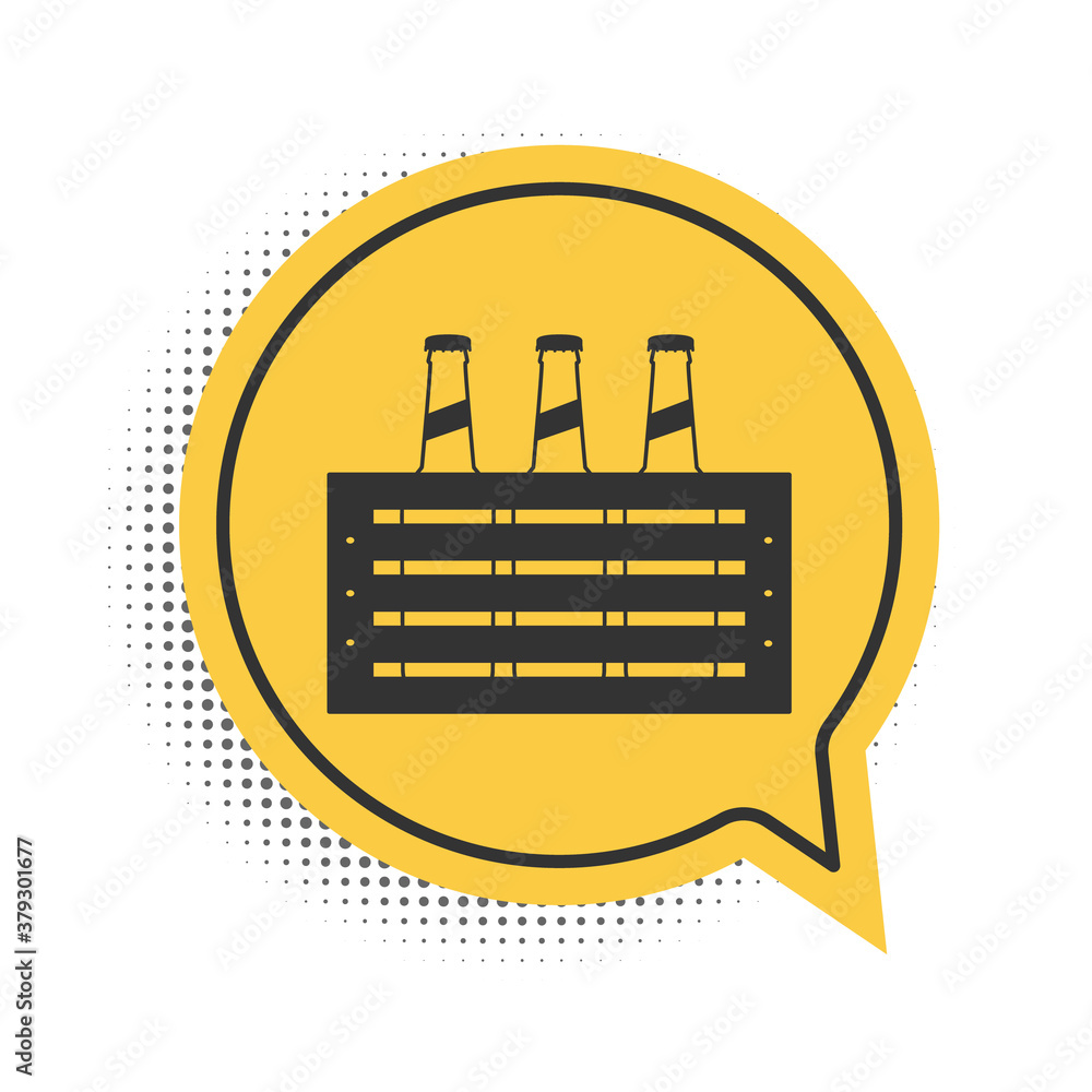 Black Pack of beer bottles icon isolated on white background. Wooden box and beer bottles. Case crate beer box sign. Yellow speech bubble symbol. Vector. Black Pack of beer bottles icon isolated on white background. Wooden box and beer bottles. Case crate beer box sign. Yellow speech bubble symbol. Vector.