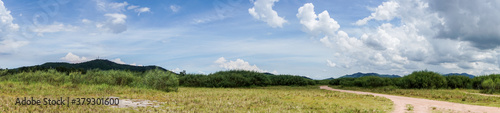 Panoramic view inside reservoir with sky background (Drought situation)