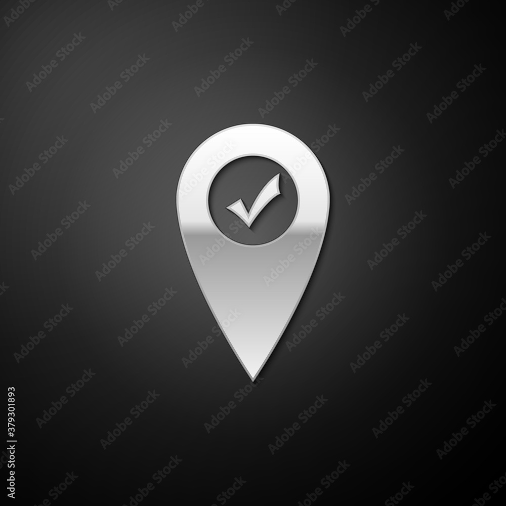 Silver Map pointer with check mark icon isolated on black background. Marker location sign. Tick symbol. For location maps. Sign for navigation. Long shadow style. Vector. Silver Map pointer with check mark icon isolated on black background. Marker location sign. Tick symbol. For location maps. Sign for navigation. Long shadow style. Vector.