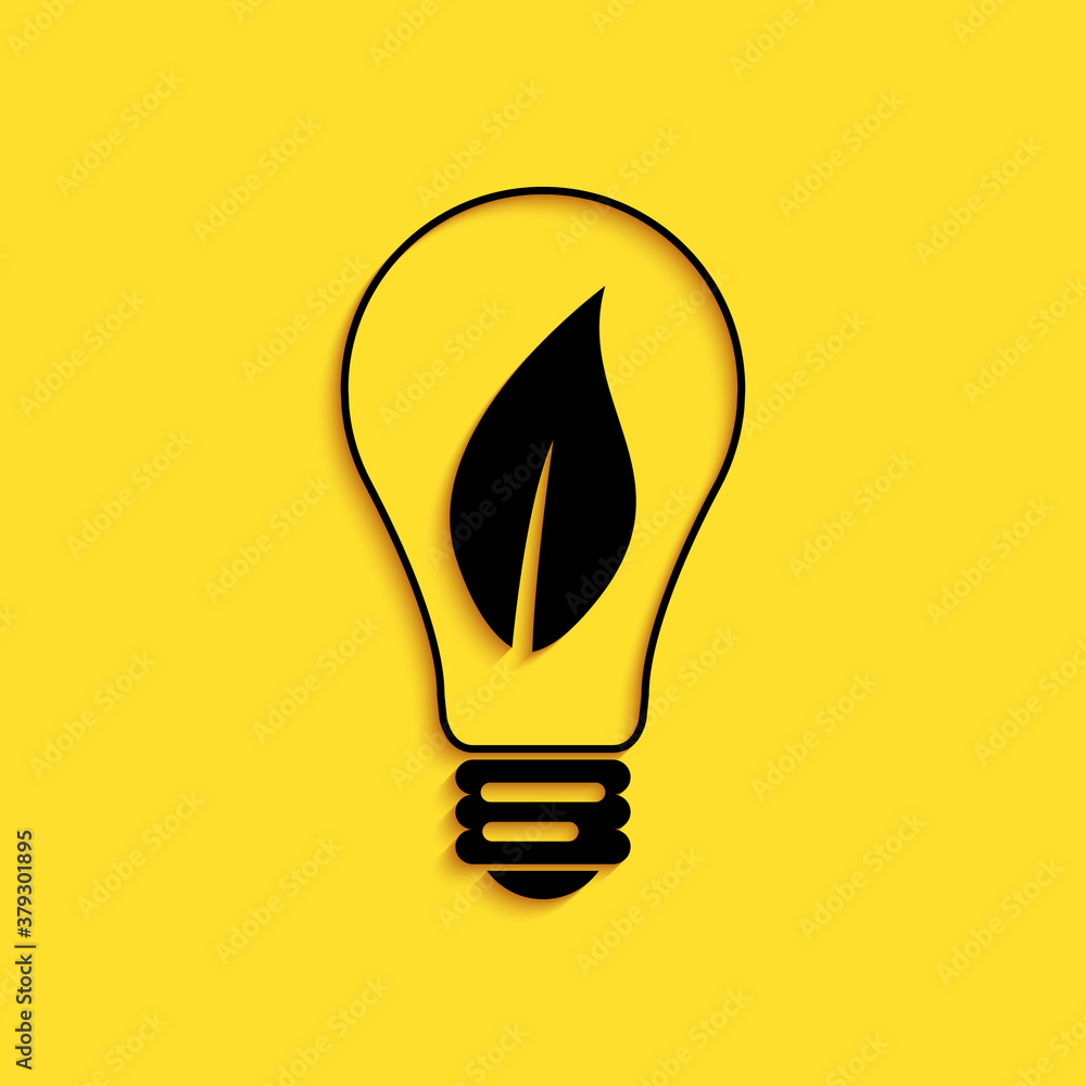 Black Light bulb with leaf icon isolated on yellow background. Eco energy concept. Long shadow style. Vector. Black Light bulb with leaf icon isolated on yellow background. Eco energy concept. Long shadow style. Vector.
