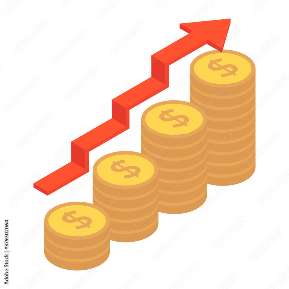 Upward arrow with coins stack, revenue increase
Upward arrow with coins stack, revenue increase