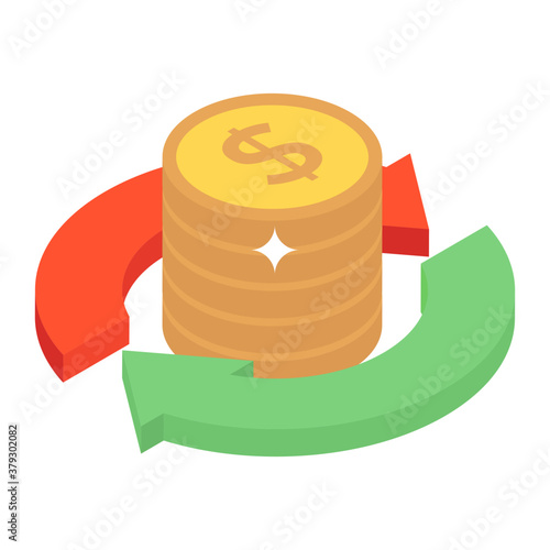 
Irreversible arrows with coin stack, money flow vector style 
