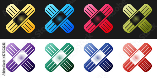 Set Set Bandage plaster icon isolated on black and white background. Medical plaster, adhesive bandage, flexible fabric bandage. Vector.