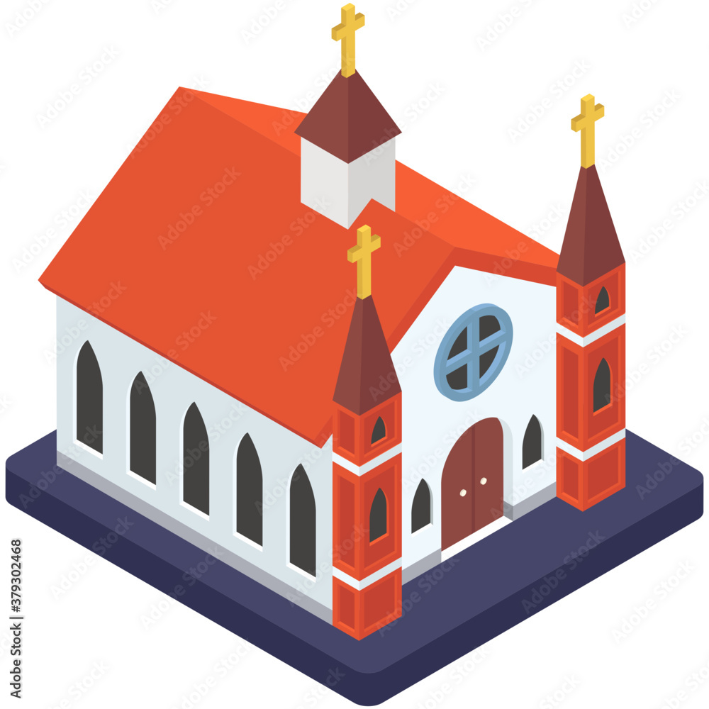 
A christain religious building, cathedral or church in isometric icon
