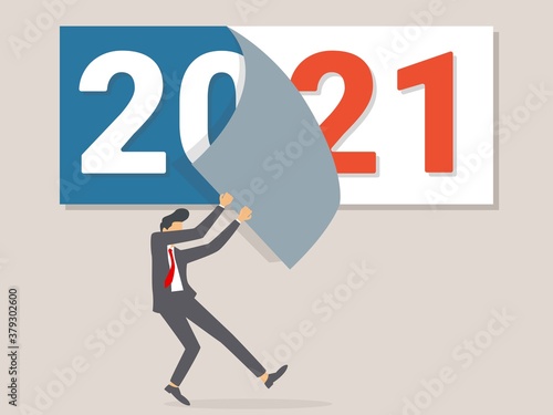 Goodbye 2020. A businessman tears off a calendar sheet of the outgoing year. Parting with coming year. Vector illustration flat design.