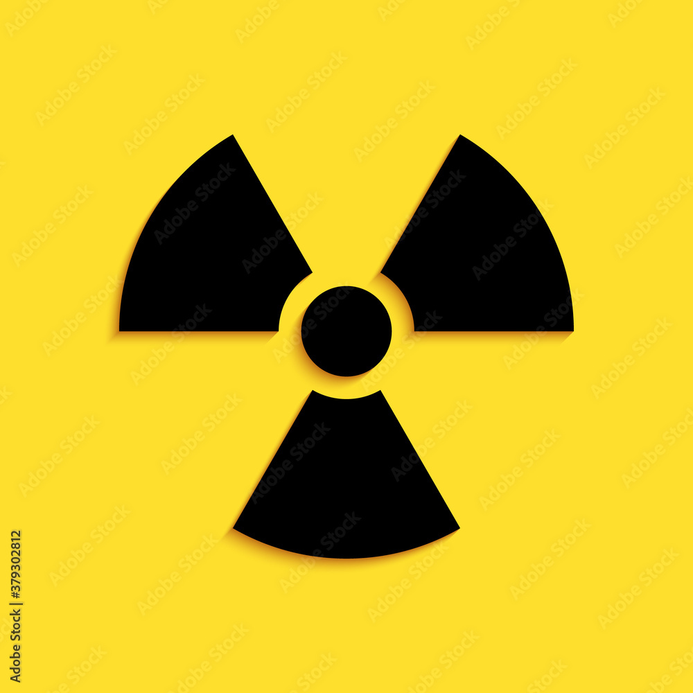 Black Radioactive icon isolated on yellow background. Radioactive toxic symbol. Radiation Hazard sign. Long shadow style. Vector. Black Radioactive icon isolated on yellow background. Radioactive toxic symbol. Radiation Hazard sign. Long shadow style. Vector.