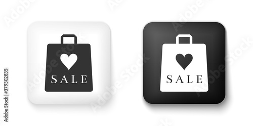 Black and white Shoping bag with an inscription Sale icon isolated on white background. Handbag sign. Woman bag icon. Female handbag sign. Square button. Vector.