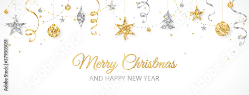Christmas banner with golden and silver glitter decoration. Holiday border, frame isolated on white. Festive vector background. Garland with stars, beads and streamers.