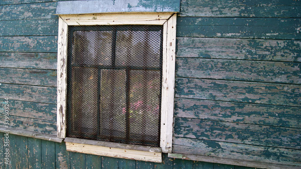 The wall of the old house is made of blue boards. An old window with a protective metal mesh and peeling white paint on the frames.