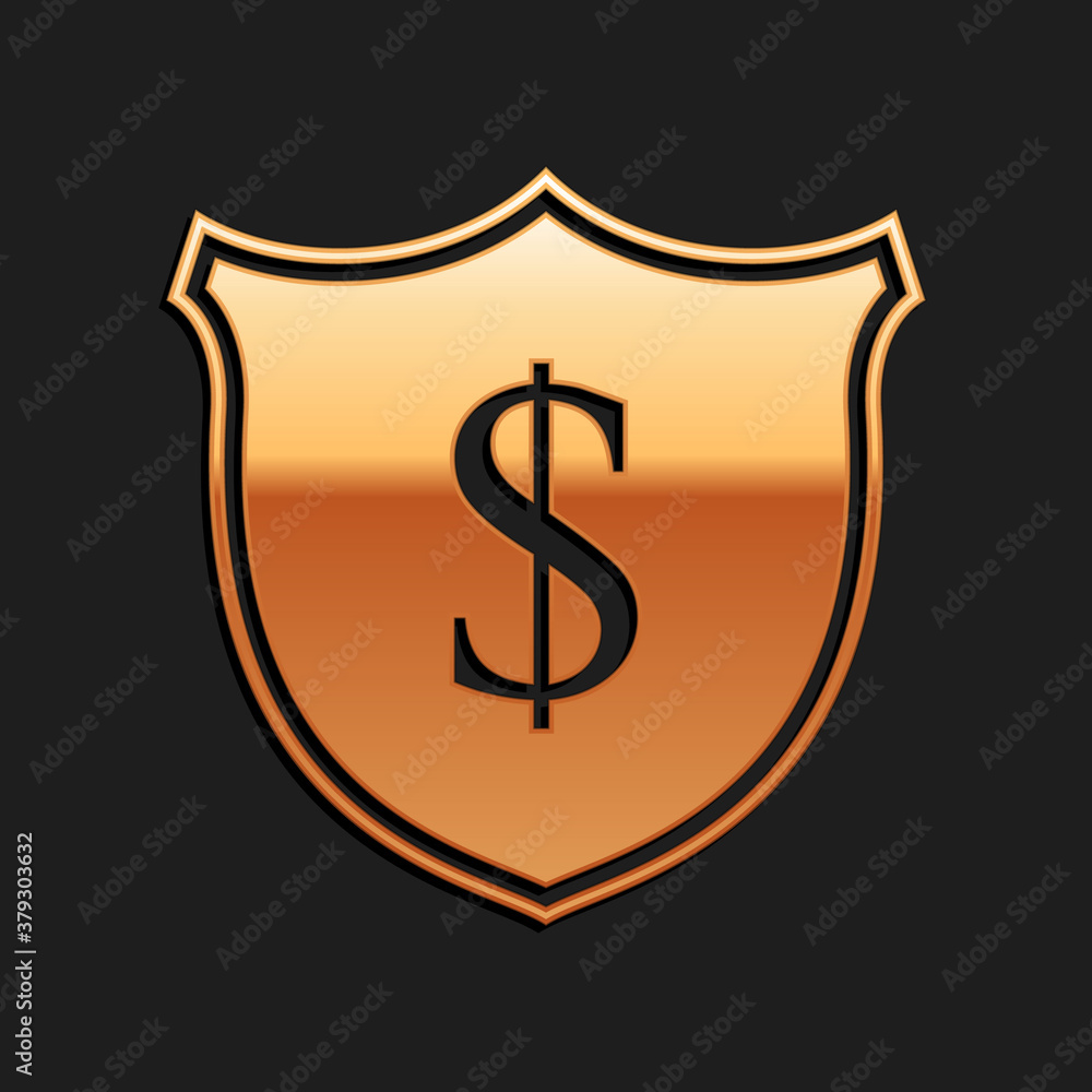 Gold Shield and dollar icon isolated on black background. Security shield protection. Money security concept. Long shadow style. Vector. Gold Shield and dollar icon isolated on black background. Security shield protection. Money security concept. Long shadow style. Vector.