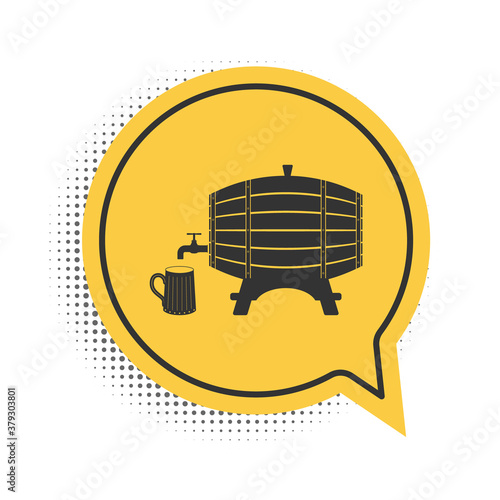 Black Wooden barrel on rack with stopcock and wooden beer mug icon isolated on white background. Yellow speech bubble symbol. Vector.