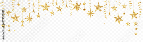 Holiday decoration, gold glitter border with stars. Festive vector background isolated on white. Golden garland, frame. For Christmas and New Year banners, headers, birthday cards.