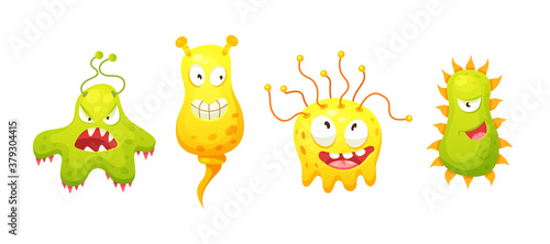 Microorganism, bacteria, microbes, cute germs, virus cell, bacillus with funny smiley faces. Viruses bacteria emoticon, microbe monsters smiling pathogen microbes coronavirus cartoon characters