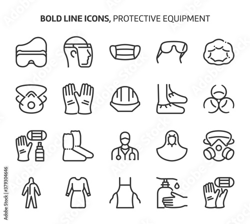 Protective equipment, bold line icons