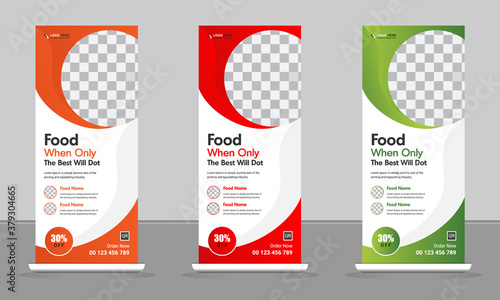 Roll up banner. Food and Restaurant Business, infographics Vertical display Trend Rollup and X-banner set, stand, rectangle size, vector Layout, leaflet template design.