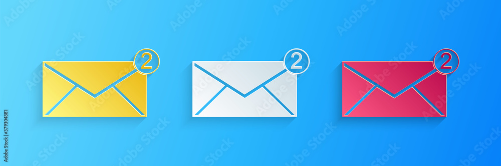 Paper cut Envelope icon isolated on blue background. Received message concept. New, email incoming message, sms. Mail delivery service. Paper art style. Vector. Paper cut Envelope icon isolated on blue background. Received message concept. New, email incoming message, sms. Mail delivery service. Paper art style. Vector.