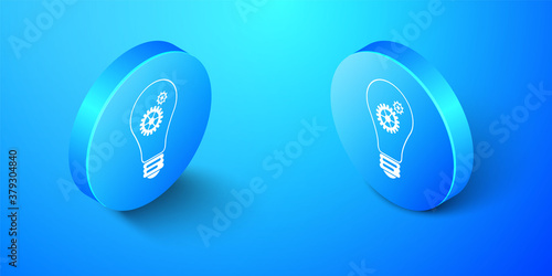 Isometric Light bulb and gear inside icon isolated on blue background. Innovation concept. Blue circle button. Vector.