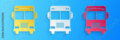 Paper cut School Bus icon isolated on blue background. Paper art style. Vector.