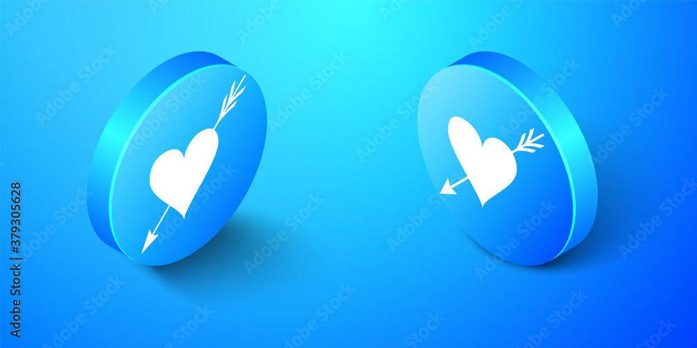 Isometric Amour symbol with heart and arrow icon isolated on blue background. Love sign. Valentines symbol. Blue circle button. Vector. Isometric Amour symbol with heart and arrow icon isolated on blue background. Love sign. Valentines symbol. Blue circle button. Vector.