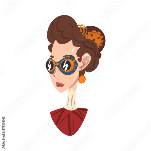 Steampunk Woman Portrait, Beautiful Lady with Retro Hairstyle and Goggles in Stylized Cartoon Style Vector Illustration