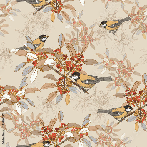 Seamless vector pattern with birds titmouse and branches with berries