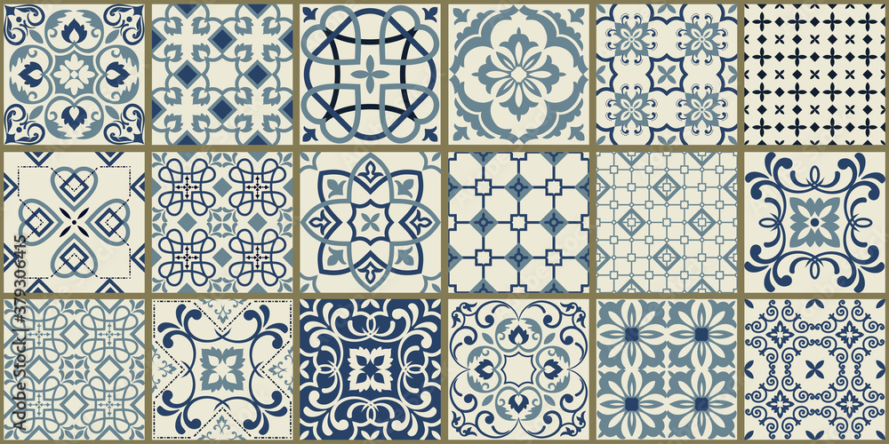 Collection of 18 ceramic tiles in turkish style. Seamless colorful patchwork from Azulejo tiles. Portuguese and Spain decor. Islam, Arabic, Indian, Ottoman motif. Vector Hand drawn background Collection of 18 ceramic tiles in turkish style. Seamless colorful patchwork from Azulejo tiles. Portuguese and Spain decor. Islam, Arabic, Indian, Ottoman motif. Vector Hand drawn background