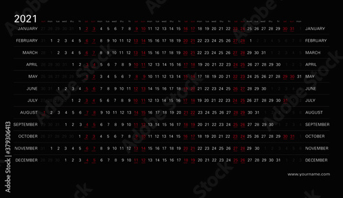 Creative linear calendar 2021, saturdays and sundays selected. White letters on a black background with red holidays. Editable vector template for print design. photo