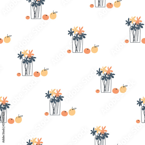 Vector hand drawn background.Flowers and fruits. Element of seamless pattern