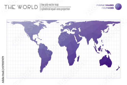 Triangular mesh of the world. Cylindrical equal-area projection of the world. Purple Shades colored polygons. Energetic vector illustration.
