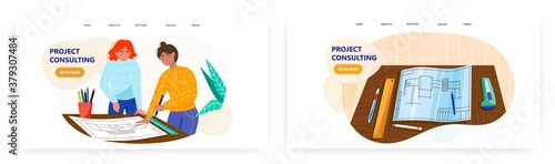 Female design and architect team discuss project and drawing plan. Architecture engineering and design concept illustration. Vector web site design template