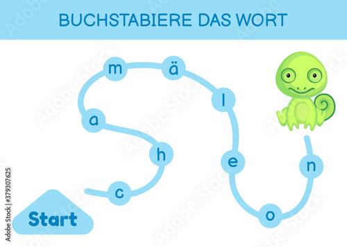 Buchstabiere das wort - Spell the word. Maze for kids. Spelling word game template. Learn to read word chameleon. Activity page for study German for development of children. Vector stock illustration.