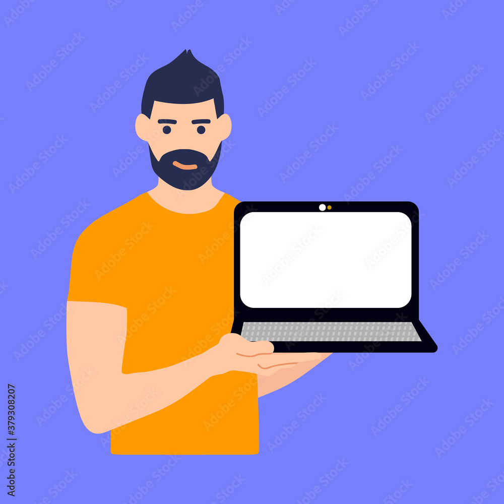 Young man holding a laptop and pointing index finger towards blank screen. A place to post your advertisement or other information. Advertising. Young man holding a laptop and pointing index finger towards blank screen. A place to post your advertisement or other information. Advertising.