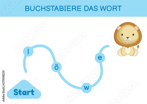 Buchstabiere das wort - Spell the word. Maze for kids. Spelling word game template. Learn to read word lion. Activity page for study German for development of children. Vector stock illustration.