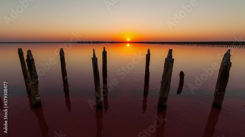 Dawn on a pink salt lake, Ukraine. Timelapse. Salt flats at Colonia de Sant Jordi, Ses Salines, Mallorca, Spain photo