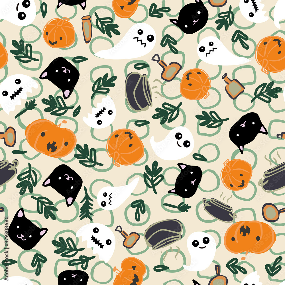 Halloween Pumpkin Ghost Black Cat Cauldron Potion Foliage Seamless Pattern Halloween Pumpkin Ghost Black Cat Cauldron Potion Foliage Seamless Pattern
