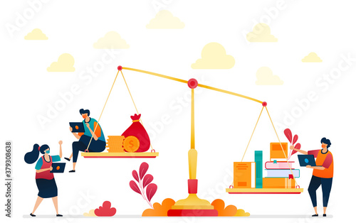 Burden of education costs which are metaphor by scales, books and coins or money. High-cost education, investing in education. Vector illustration for website, mobile apps, banner, template, poster