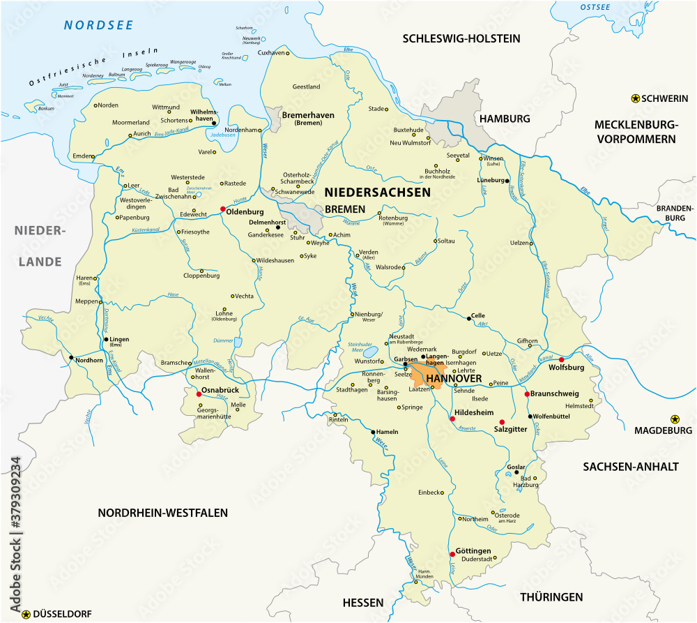 vector map of the state of Lower Saxony in german language, Germany