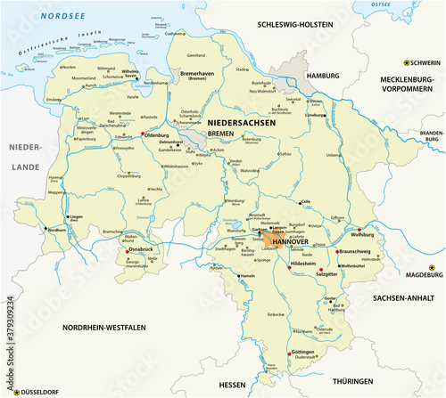 vector map of the state of Lower Saxony in german language, Germany