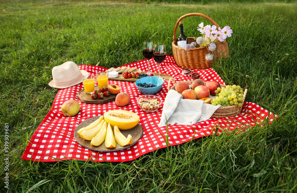 Picnic blanket with delicious food and drinks on green grass Picnic blanket with delicious food and drinks on green grass