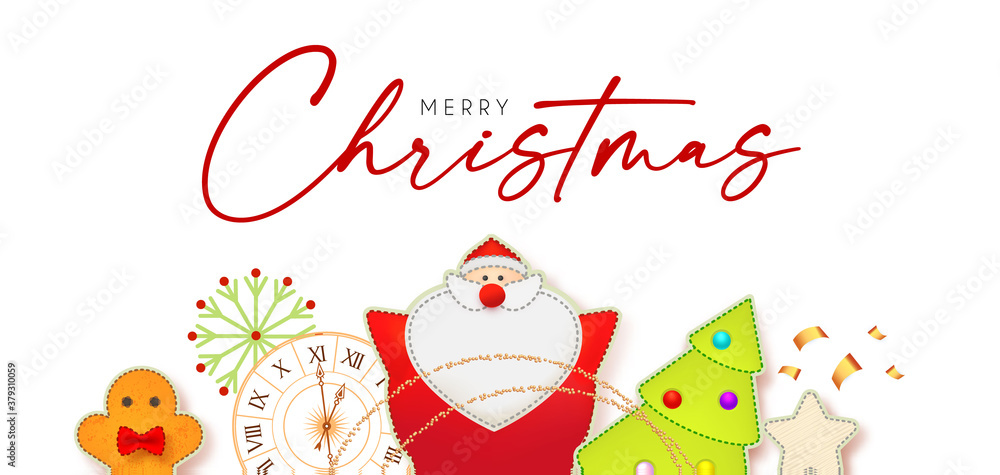 Merry Christmas cute design with Santa Claus, fir tree, clock, gingerbread man, garland and toys Merry Christmas cute design with Santa Claus, fir tree, clock, gingerbread man, garland and toys